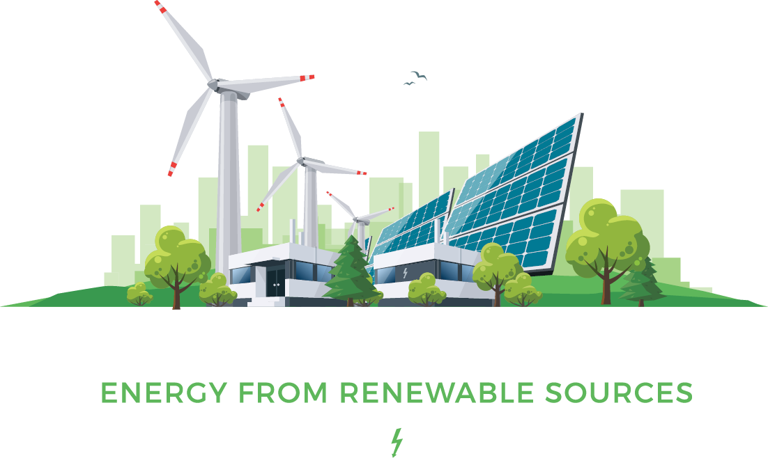 Isolated vector illustration of clean electric energy from renewable sources sun and wind  Power plant station buildings with solar panels and wind turbines on city skyline urban landscape background 