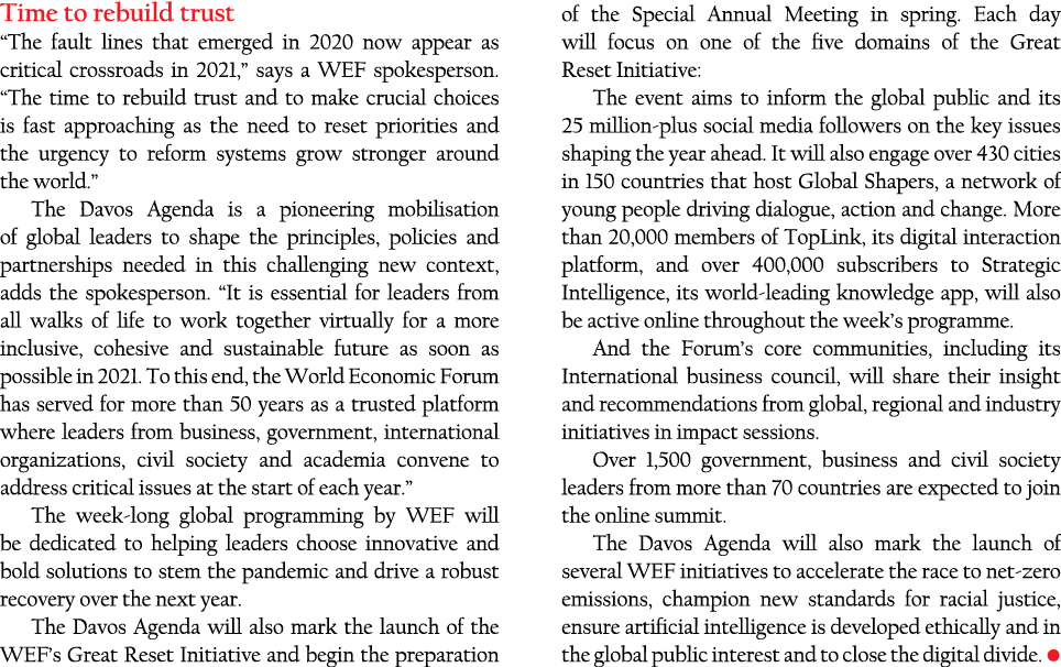 Time to rebuild trust  The fault lines that emerged in 2020 now appear as critical crossroads in 2021,  says a WEF sp   