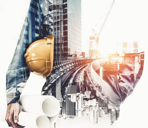 Future building construction engineering project concept with double exposure graphic design  Building engineer, architect people or construction worker working with modern civil equipment technology 