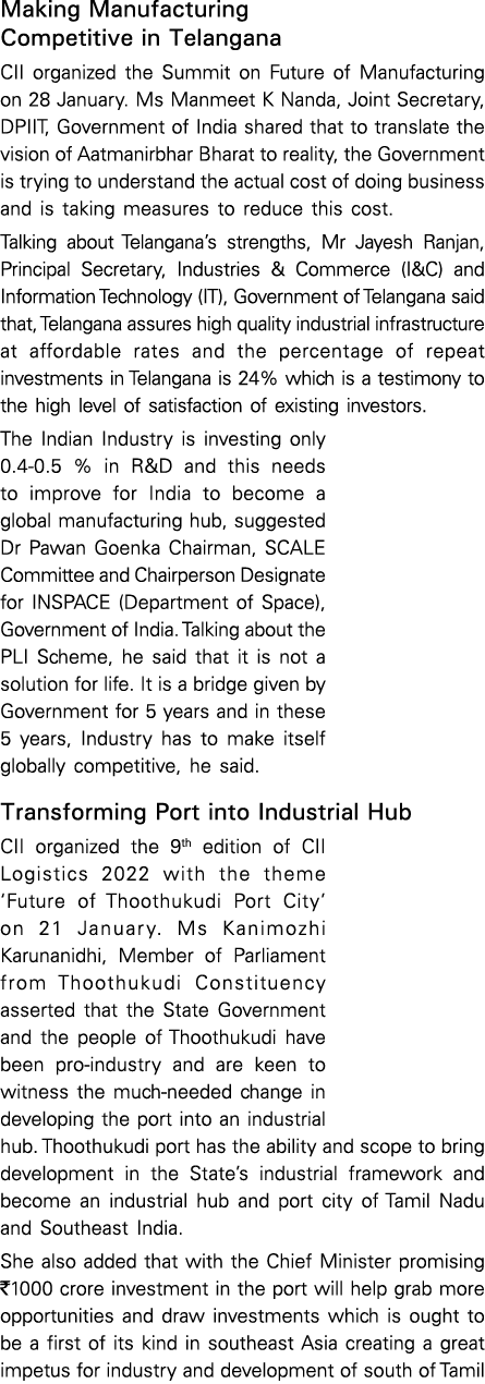 Making Manufacturing Competitive in Telangana CII organized the Summit on Future of Manufacturing on 28 January  Ms M   