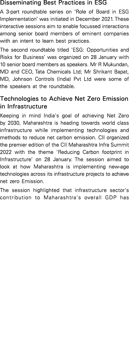 Disseminating Best Practices in ESG A 3-part roundtable series on  Role of Board in ESG Implementation  was initiated   