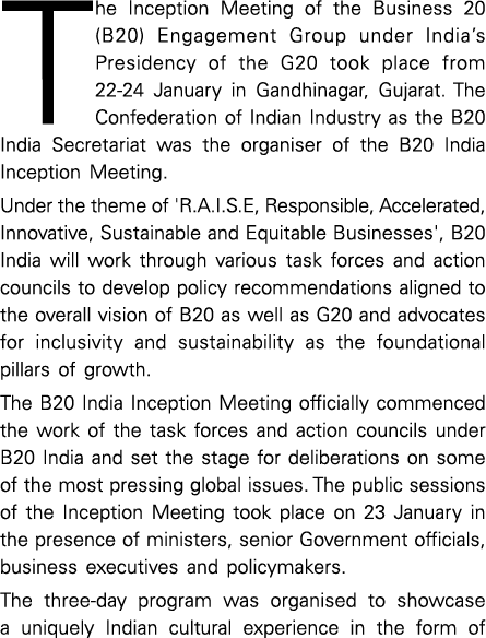 The Inception Meeting of the Business 20 (B20) Engagement Group under India’s Presidency of the G20 took place from 2...