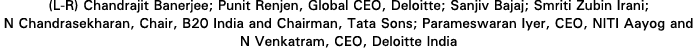 (L R) Chandrajit Banerjee; Punit Renjen, Global CEO, Deloitte; Sanjiv Bajaj; Smriti Zubin Irani; N Chandrasekharan, C...