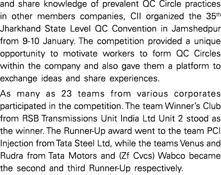 and share knowledge of prevalent QC Circle practices in other members companies, CII organized the 35th Jharkhand Sta...