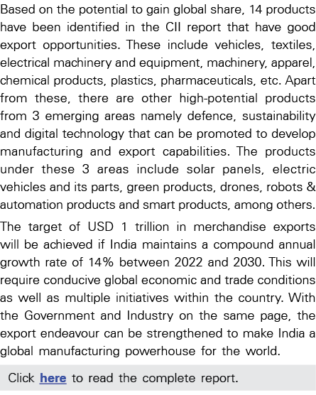 Based on the potential to gain global share, 14 products have been identified in the CII report that have good export   