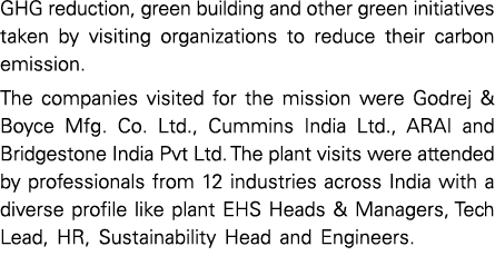 GHG reduction, green building and other green initiatives taken by visiting organizations to reduce their carbon emis...