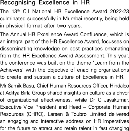 Recognising Excellence in HR The 13th CII National HR Excellence Award 2022 23 culminated successfully in Mumbai rece...