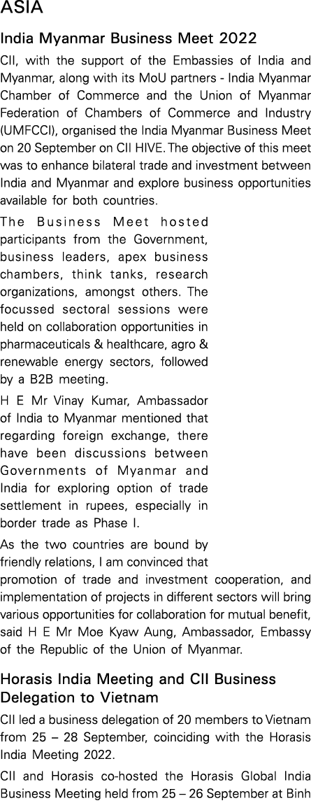 Asia India Myanmar Business Meet 2022 CII, with the support of the Embassies of India and Myanmar, along with its MoU   