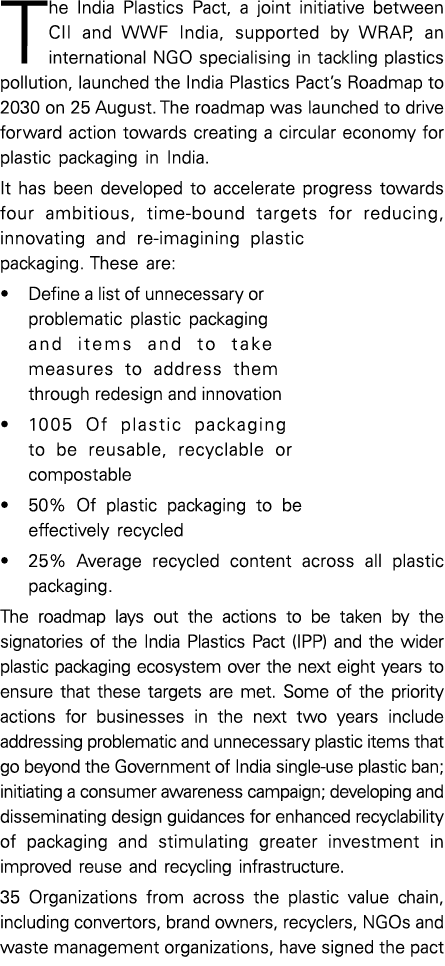 The India Plastics Pact, a joint initiative between CII and WWF India, supported by WRAP, an international NGO specia   