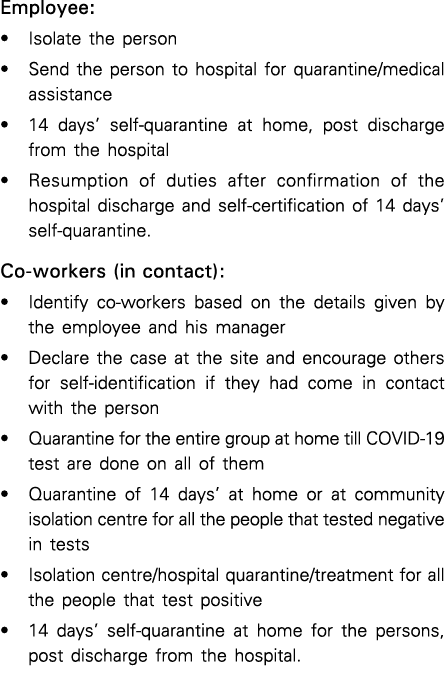 Employee:   Isolate the person   Send the person to hospital for quarantine medical assistance   14 days  self-quaran   
