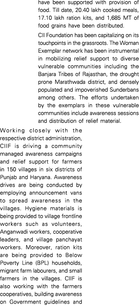 have been supported with provision of food  Till date, 20 40 lakh cooked meals, 17 10 lakh ration kits, and 1,685 MT    