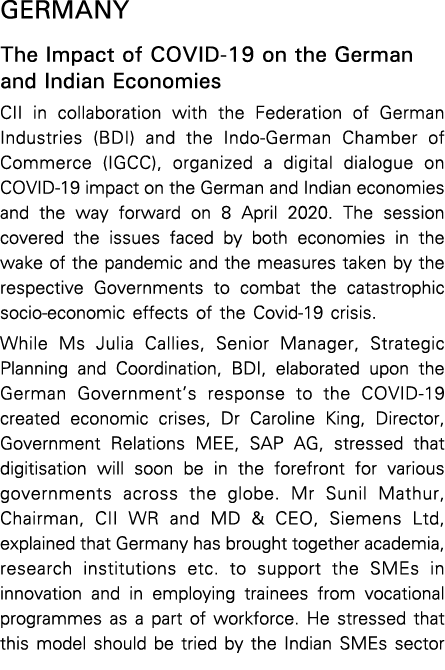 GERMANY The Impact of COVID-19 on the German and Indian Economies CII in collaboration with the Federation of German    