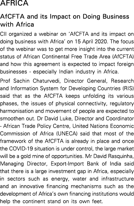 AFRICA AfCFTA and its Impact on Doing Business with Africa CII organized a webinar on  AfCFTA and its impact on doing   