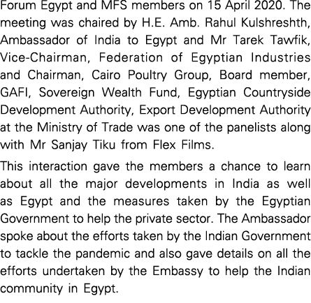 Forum Egypt and MFS members on 15 April 2020  The meeting was chaired by H E  Amb  Rahul Kulshreshth, Ambassador of I   