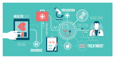 Medicine, healthcare, technology and augmented reality concept banner: user connecting with a digital tablet and receiving an online medical consultaion